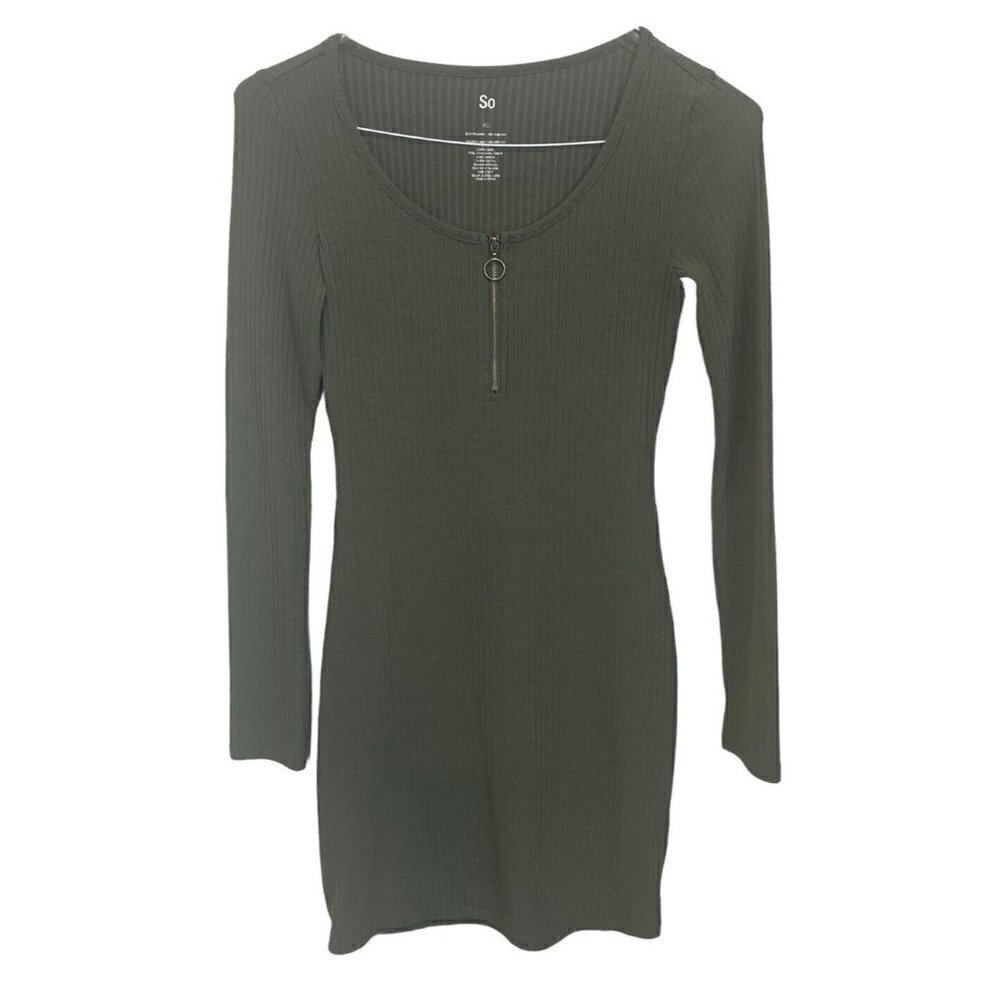 SO Body-con Green Dress size XS XSmall Ribbed Long Sleeve Front Zipper